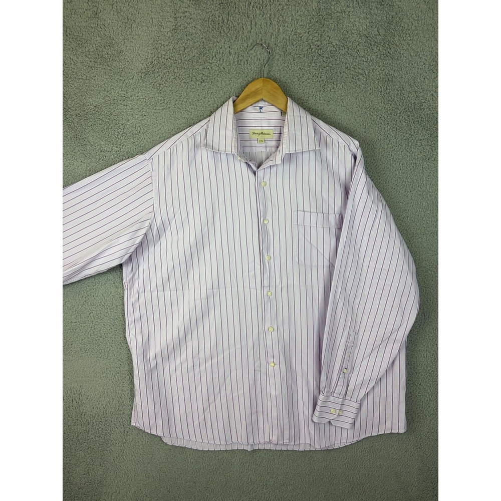 Tommy Bahama Dress Shirt Mens 17.5 34/35 Purple Stripe Regular Fit Long Sleeve